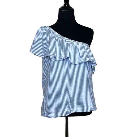 Vineyard Vines blue white stripes one shoulder ruffled top size 4 - Picture 1 of 13